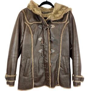 Laundry by Shelli Segal Brown Faux Fur Trim Hooded Toggle Jacket